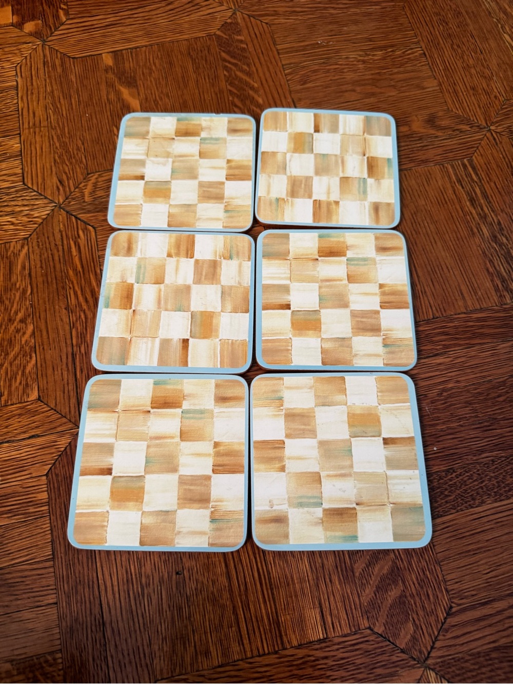 Mackenzie Childs  6 Checkerboard  Pattern Coasters in Neutral Tones.
